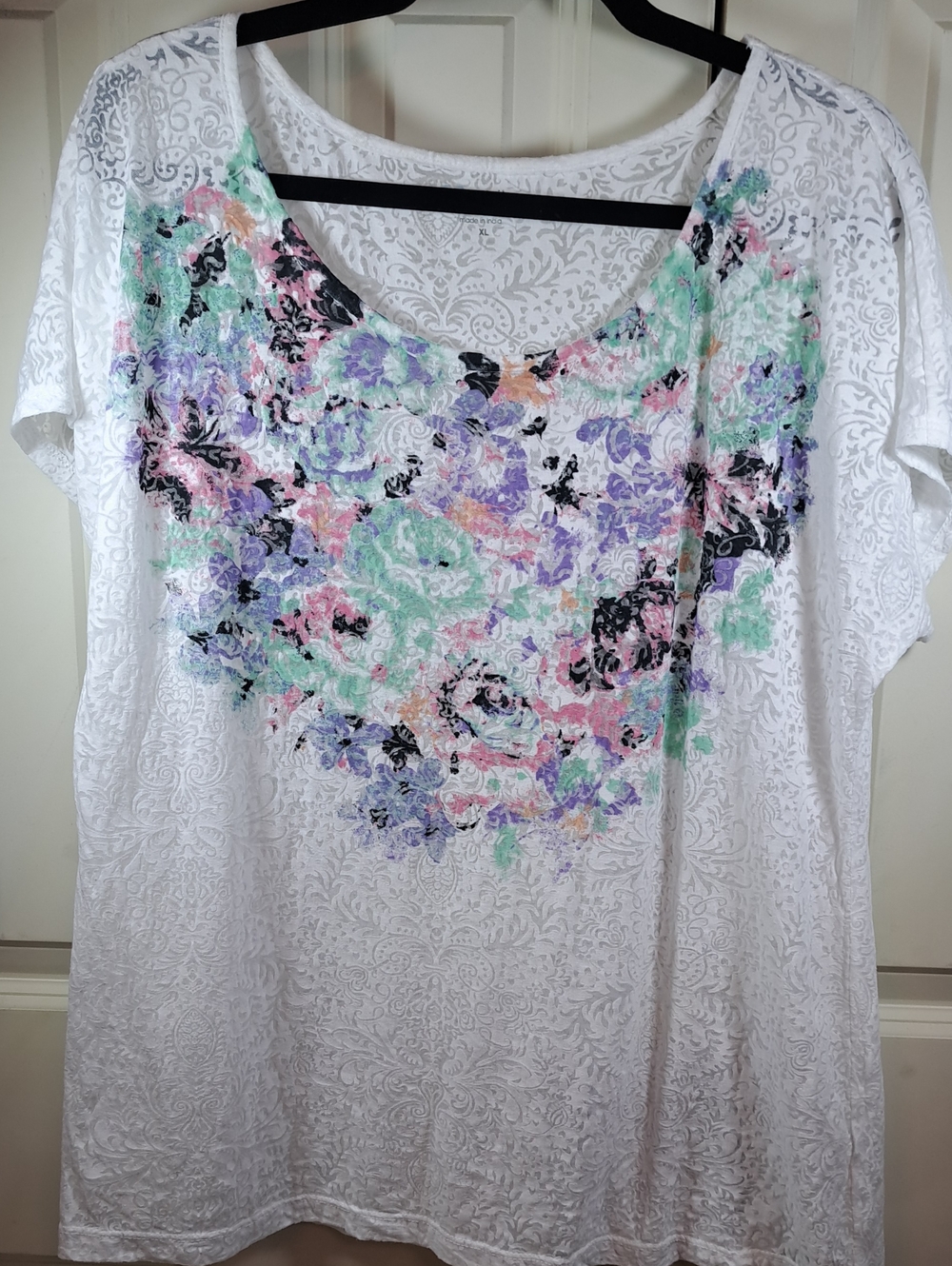 Relativity White Scoop Neck Tee with Pastel Floral Print